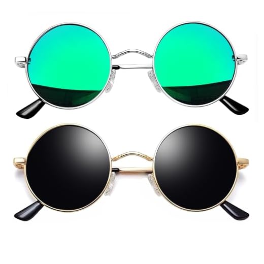 Óculos de Sol Joopin Redondos Femininos e masculinos Polarizados, Pequeno Círculo Hippie Vintage Retrô Steampunk Armação de Metal com proteção UV (Ouro Preto + Verde Espelhado)