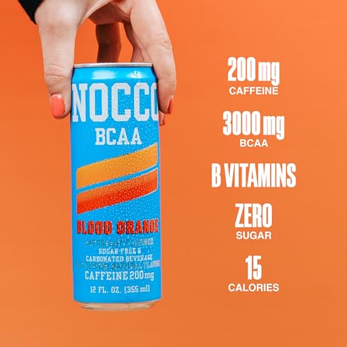 NOCCO Zero Sugar Energy Drink, Blood Orange - 12 Fl Oz (Pack of 12) - 180mg Caffeine, Sugar Free, BCAAs - Branched Chain Amino Acids, Carbonated & Low Cal, B Vitamins, Grab & Go Performance Beverage