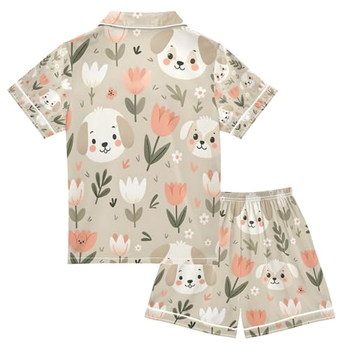 senya Cute Simple Dog Head Satin Summer Pajama Sets Silk Short Sleeve Button Down Sleepwear2