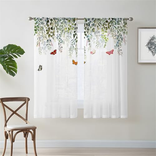 Odot Rideau Voilage Semi Occultant avec Passe Tringle, Motif Papillon 3D Rideaux Voile Fenetre 2 Pieces Semi Transparent pour Décoration Salon Chambre...