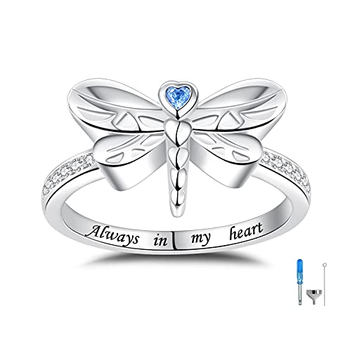 Anillo de urna de libélula Always in My Heart de plata de ley 925, delicado recuerdo de animales, joyería de cenizas de cremación para mujer, Metal, Zirconia cúbica