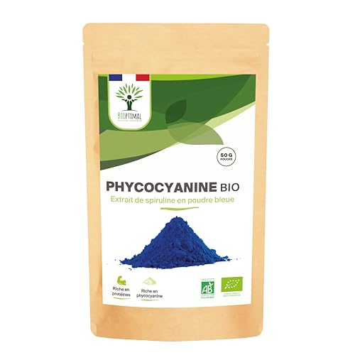 Spiruline Bleue Bio - Bioptimal - En Poudre - 30% Phycocyanine Blue 80% Protéines - Colorant Alimentaire Bleu Intense - Cuisine Recette - Contrôlé et Conditionné en France - Certifié Par Ecocert - 50g