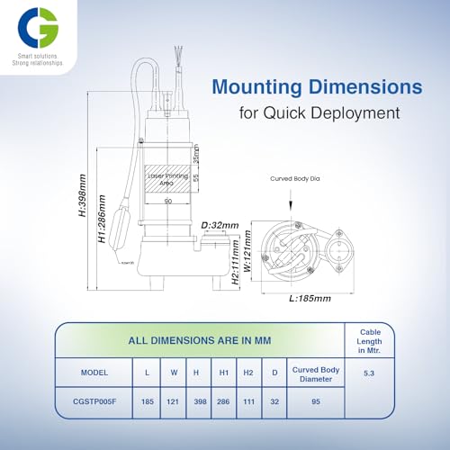 Image of CGSTP005F | STP -II | 0.37kW /0.5 HP| Sewage Submersible Pump | Rust Free CED Coated Component | 100% Copper Winding | SS Grade Fasteners & SS Shaft | Overload Protection | Float Switch | 1Yr Warranty