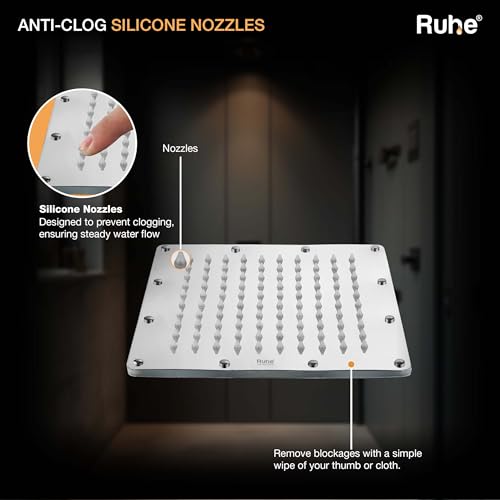 Image of Ruhe Rain Joy 304-Grade Stainless Steel Overhead Shower with Chrome Finish | 8x8 Inches Rain Shower for Bathrooms | Powerful Square Showerhead with Easy-to-Clean Silicone Nozzles | WITHOUT SHOWER ARM