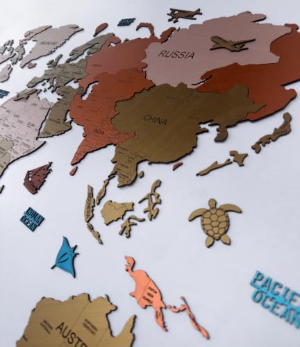 Image of ELK 3D Wooden World Map Wall Decor with Country Names, Capitals & States | Premium Multilayer Laser Cut Wall Art | Easy DIY Installation | Travel Theme Home Decor for Living Room, Office | Size XL : 205x116 CM