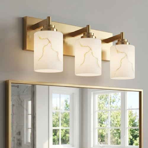 Image of 3-Light Bathroom Light Fixture, Gold Modern Vanity Light with White Marble Glass Shade, for Bathroom Mirror, Living Room, Bedroom, Hallway, E26 Base, Extended Base