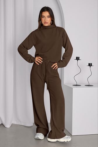PRETTYGARDEN Two Piece Sets for Women Fall Sweatsuit Long Sleeve Knit Mock Neck Tops Wide Leg Pants Lounge Set Travel Outfits3