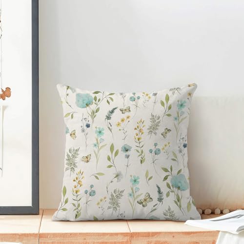 Image of Spring Pillow Covers 18x18 Inch Set of 2, Aqua Teal Sage Green Wild Flower Throw Pillows Case,Colorful Seasonal Floral Plant Outdoor Decorative Farmhouse Decor Cushion Covers for Sofa Bed Couch