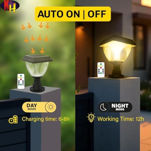 Image of kh Solar Gate Light with Remote Control | Warm White, Cool White & RGB Modes | 10W LED Post Lamp | IP65 | Automatic Dusk to Dawn | Solar Pillar Light for Gate, Garden, Wall & Boundary