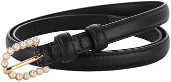 Womens Skinny Leather Belt,2 in 1 Pearl Button Adjustable Slim Thin Waist Belt For Dress Jeans Coat