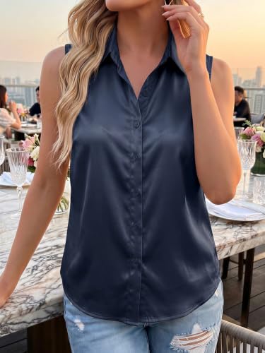 Image of Cicy Bell Womens Satin Sleeveless Button Down Shirts Work Blouse Silky Tops | V Neck, Collared Tank Tops, Professional, Office Clothes, Business Casual Outfits, Under Blazer Tops, Dress Down with Jeans