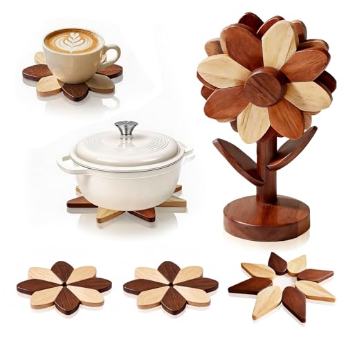 Wooden Trivets for Hot Dishes - Set of 5, Foldable Sunflower-Shaped, Thick Hot Pads for Countertops,...