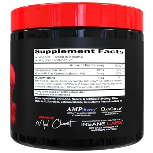 Image of Insane Labz Redrum High Stim Pre Workout NO Booster Powder, Loaded with Beta Alanine Agmatine Sulfate Taurine Fueled by AMPiberry, OXYgold,Focus Strength Recovery, 25 Srvgs, Murder in a Bottle Apple