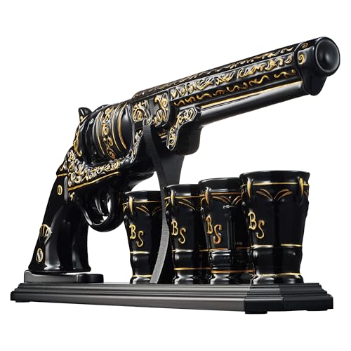 Gifts for Men Dad Hand Painted Pistol Gun Whiskey Decanter Set & Shot Glass - Black & Gold & 4 Bullet Shots - Unique Birthday Fathers Day - Gift for Brother, Cool Anniversary Present Him Husband