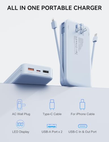 Image of Nusyddy Portable Charger 20000mAh PD20W w /Built-in Cables & Wall Plug Blue | PD20W Fast Charging, High Capacity, LED Display, Charge 5 Devices at once, TSA Approved, Compatible with iPhone /iPad /Samsung