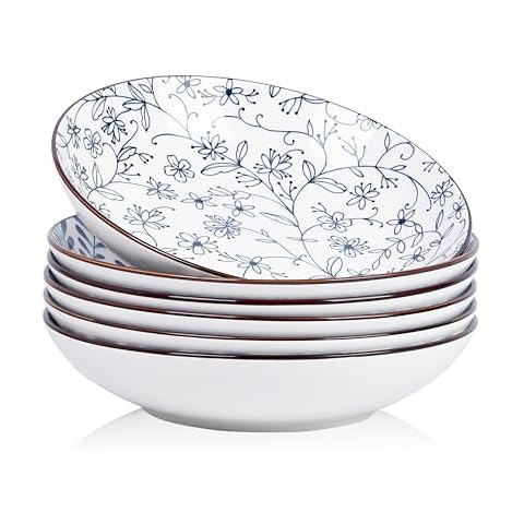 Swuut Ceramic 40oz Pasta Bowls Set of 6,9 inch Blue and White Large Salad Serving Bowl, Microwave and Oven Safe Dinner Dishes(Blue and White) Cover