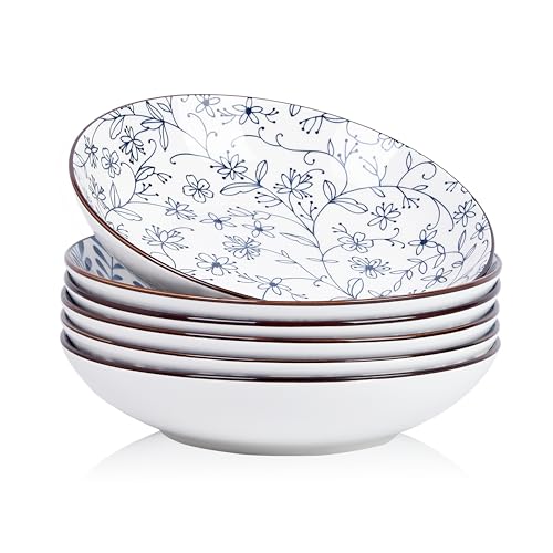 Swuut Juego de cuencos de cerámica para pasta de 40 onzas, juego de 6.9 pulgadas, color azul y blanco, platos grandes para servir ensalada, aptos para microondas y horno (azul y blanco)