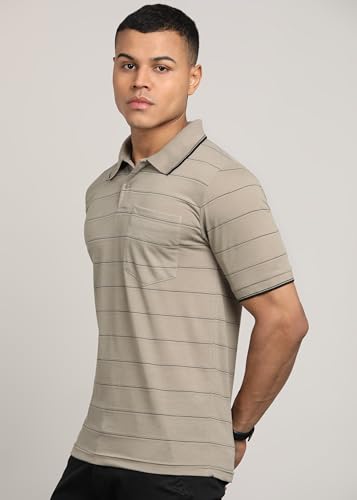 Image of INKKR Men Striped Polo Neck Cotton Blend T-Shirt