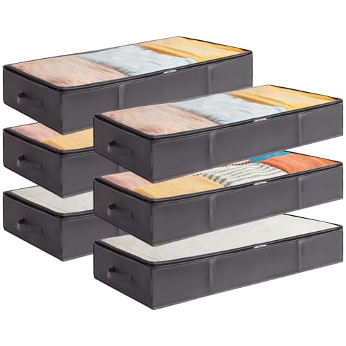 Lifewit 6 Piezas 75L Bolsas para Guardar Ropa Bajo la Cama, Cajas Almacenaje para Mantas y Ropa, Gran Capacidad con Asas Reforzadas, Organizador Armario para Organizar Ropa, Mantas, Gris