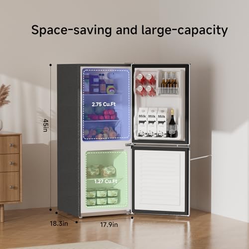 BANGSON 4.0 Cu.Ft Small Refrigerator with Freezer, Small Fridge with Bottom Freezer, for Apartment, Bedroom, Dorm, and Office, Double Door, Stainless Steel, Silver
