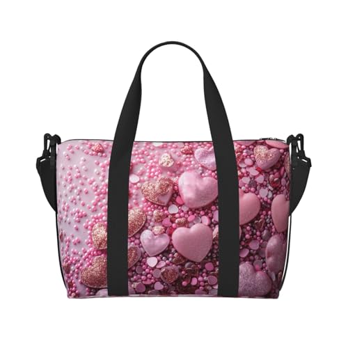 Pink Glitter Heart Candy Large Laptop Tote Travel Work Bag For Women Men Gym Beach Bag For Women Crossbody Carry On Shoulder Bag With Compartments Zipper,Overnight Weekender Bags