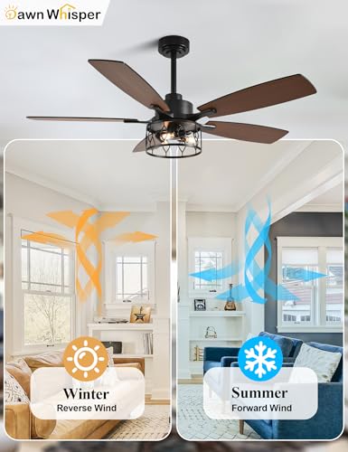 Image of Dawn Whisper 52 Inch Black Ceiling Fans with Lights Farmhouse Ceiling Fan with Remote for Bedroom Living Room Caged Classic Chandelier Fan for Indoor(NO Bulbs