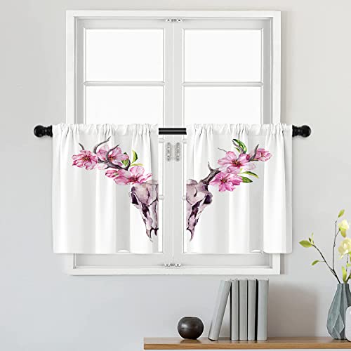 Batmerry Cortinas con diseño floral de cuernos de ciervo, acuarela rosa, calavera de animales, tratamiento de ventana, cortina corta de cocina, cortina opaca de poliéster multicapa para sala de