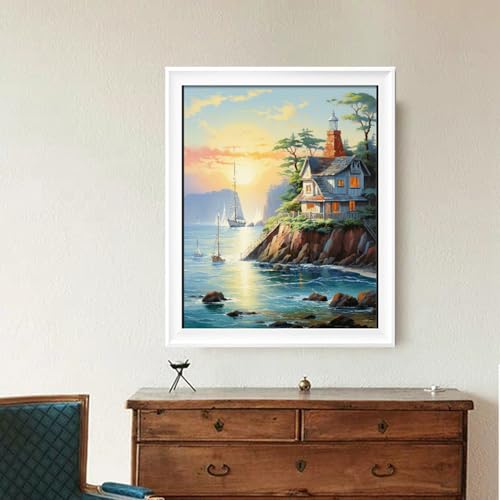 Image of Leczany Cross Stitch Stamped Kit for Adults - Beach House | DIY Embroidery Starter Patterns Craft Kit Needlepoint for Beginner | 11CT, 3 Strands | 13.4x16.9 inches