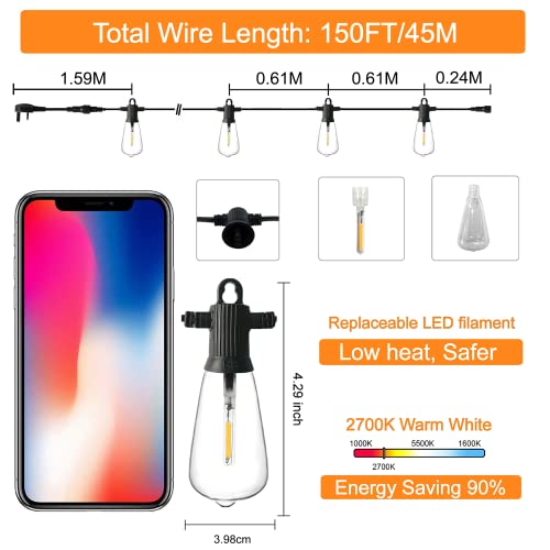 ZOTOYI LED Lichterkette Außen, 45M Lichterkette Außen Strom IP65 Wasserdicht mit 73+3 ST38 Plastik Birnen, Warmweiß Outdoor Lichterkette für Garten Terrasse, Partys, Hochzeit, Festival – Bild 6