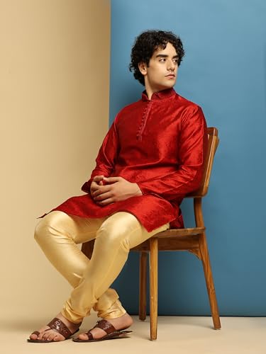 Image of SKAVIJ Men's Dupion Art Silk Ethnic Wear Kurta Pyjama (Red, X-Large)