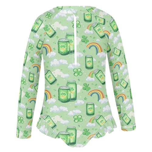 St Patrick Clover Cans Rainbow Girls Long Sleeve Rashguard Swimsuit UV Protection One-Piece Swimwear B04046782