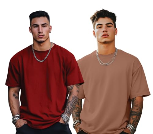 Image of Veirdo Solid Oversized 100% Pure Cotton Combo T-Shirt for Men & Boys (Half Sleeves, Round Neck, Drop Shoulder, Baggy Fit, Pack of 2, Available in S to 2XL