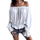 Minetom Damen Sommer T-Shirts Bauchfrei Schulterfreie Damen Langarmshirt Bluse Mit Tops Shirt Junges Mädchen Oberteil Weiß 44