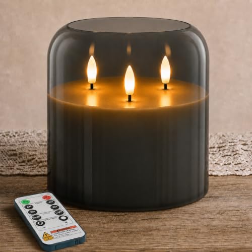 Image of Homemory 6 x 6 Inch Extra Large Flameless Candle, Grey Glass 3-Wick LED Pillar Candle with Smooth Rounded Rim, Real Wax Battery Operated Candle with Remote Control and Timer for Home Decor