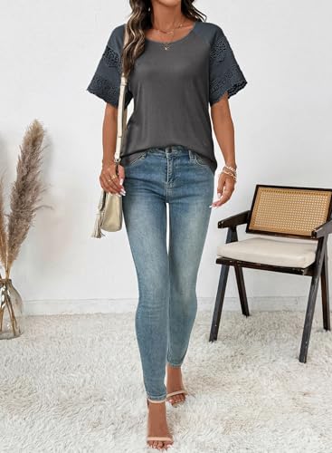 Image of EVALESS Womens Summer Tops Dressy Casual Spring Ribbed Texture Embroidery Short Sleeve Crewneck T Shirts