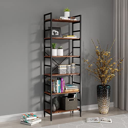 Miocasa 6 Tier Bookshelf, Adjustable Industrial Bookshelves Organizer, Rustic Wood And Metal Standing Shelving Unit Storage, Tall Display For Living Room, Bedroom And Office #TOP4