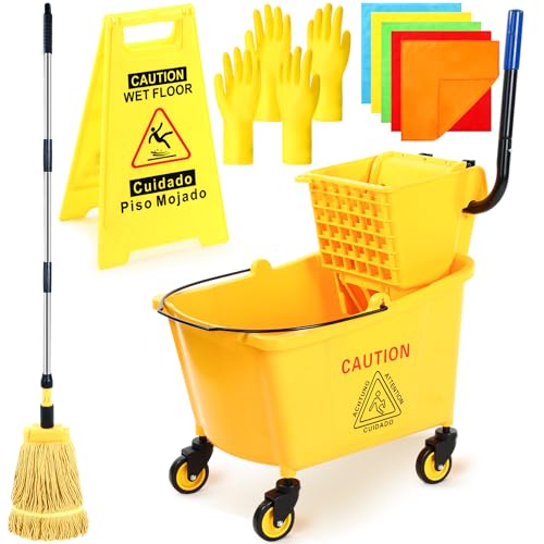 Maxdot 35 Quart Commercial Mop Bucket with Side Press Wringer on Wheels 10 Pcs Set Yellow Industrial Mop and Bucket with Caution Sign 5 Microfiber Cleaning Rag and 2 Gloves Set for Floor Cleaning