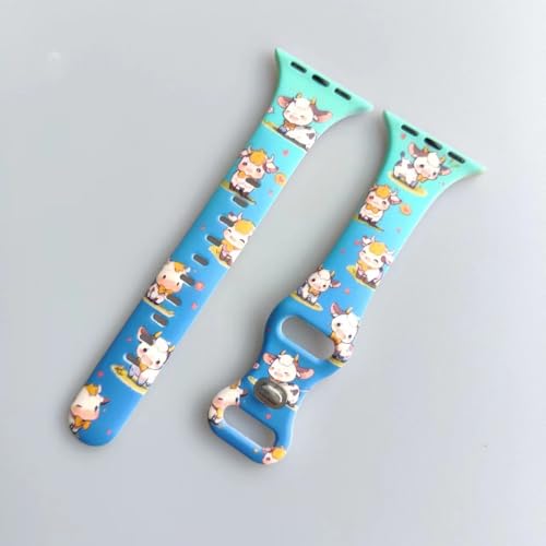Image of Slim Cute Cartoon Band Printed Compatible with Apple Watch Bands 49mm 46mm 45mm 44mm 42mm 41mm 40mm 38mm Women, Silicone Adorable Printed Fadeless Pattern Design Strap for iWatch Series 11 10 9 8 7 6 5 4 3 2 1SE Cow
