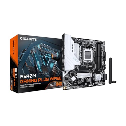 GIGABYTE B840M GAMING PLUS WIFI6E AMD AM5 mATX Motherboard, Support Ryzen 9000/8000/7000 Series, 8+2+2 Power Phase, DDR5, 2x M.2, PCIe 4.0, USB-C 3.2 Gen 1, WiFi 6E, GbE LAN, EZ-Latch, 3-Year Warranty