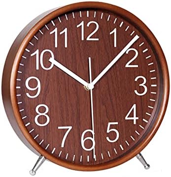KAMEISHI 8'' Wood Desk and Table Clocks Battery Operated Non Ticking Silent Sweep Second Round Quartz Quiet Kitchen Wall Clock Hanging Easy to Read Brown KSZ822