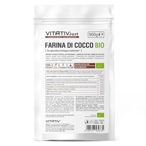 VITATIV - Farine de noix de coco bio 900g de culture biologique contrôlée - Riche en fibres et sels minéraux, sans sucre ajouté