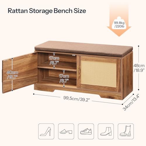 HOOBRO Faux Rattan Shoe Storage Bench with Cushion, Boho Entryway Bench with 2 Doors and Adjustable Shelves, Pet-Proof Hidden Shoe Cabinet for Hallway, Living Room, 39.2\" L, Natural, CE53HX01