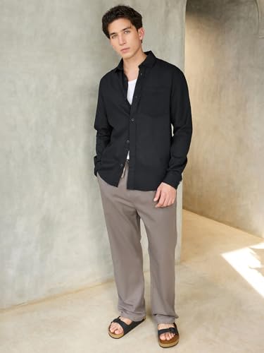 Image of Bewakoof Mens Solid Regular Fit Full Sleeve Collar Cotton Linen Blend Shirt