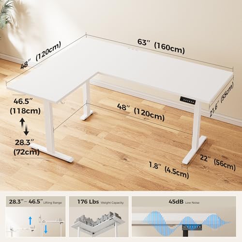 Image of Agilestic L Shaped Standing Desk 63 inch Adjustable Height, Electric Corner Standing Desk, Sit Stand Computer Table with Splice Board, White