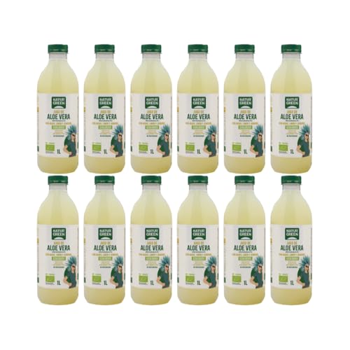 NaturGreen - Jugo de Aloe Vera Bio con Agave, Jengibre y Limón, 12 unidades x 1 Litro, No Pasteurizado, con Fibra de Hoja Fresca, Digestivo, Natural y Ecológico, Bajo en Azúcar
