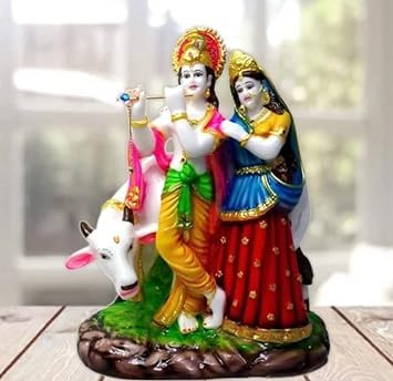 Marble Dust Radha Krishan Murti with Cow Radhe Krishna Statue Murti Krishna Ji MUrti Showpiece Gift Home Pooja Idol Size 11 Inches 1 Feet