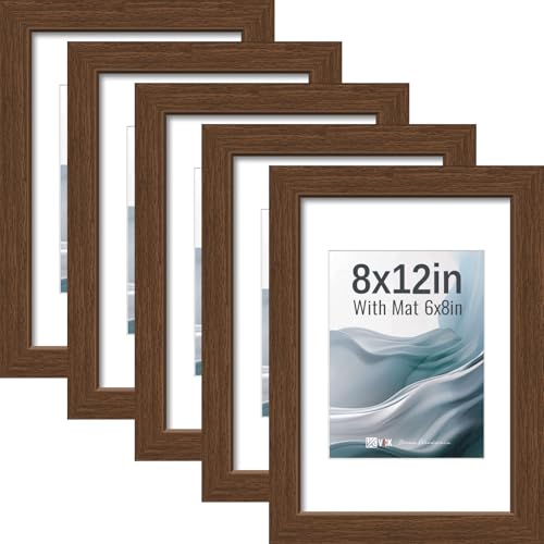 Image of VCK 8x12 Picture Frame 5 Pack, Brown Exclusive Wood, HD Glass, for Photo