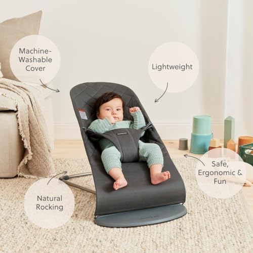 Image of BabyBjorn Bouncer Bliss, Anthracite, Woven, Classic Quilt | 2-in-1 Adjustable Baby Bouncer Seat and Toddler Chair, Newborn to Toddler (8-29 lbs), 4 Positions, Lightweight & Portable