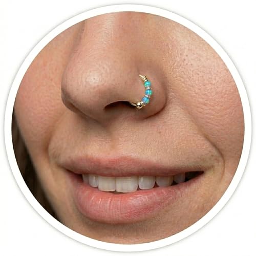 Sterling Silver or Gold Plated over Sterling Silver Nose Ring Hoop, Triple Opal Nose Hoop for Women, Tiny 8mm 22G Small Minimalist Handmade Piercing Jewelry, Single Nose Ring (GoldPlated-Blue)