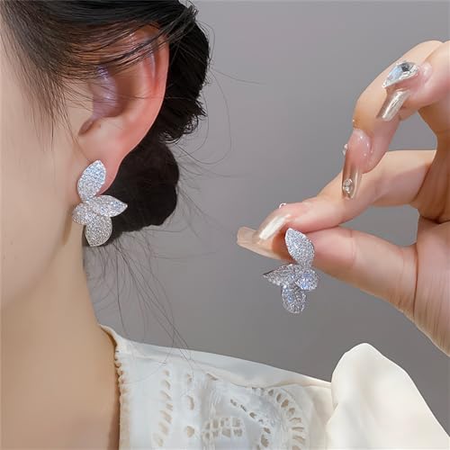 Luxury Leaf Flower Cubic Zirconia Crystal Statement Stud Earrings for Women Dainty 925 Sterling Silver Post Diamond Huggie Studs Small Dangle Drop Fashion Trendy Jewelry Wedding Party Gift4